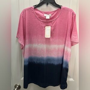 NWT Allison Daley Pink and Navy  Ombre Short Sleeve Top rhinestone 2x